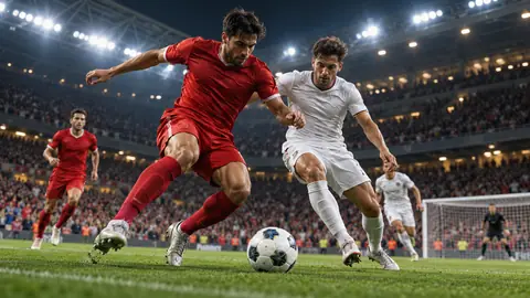 Football players battling for the ball in a packed stadium