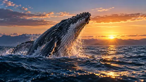 A whale breaching from the ocean at sunset